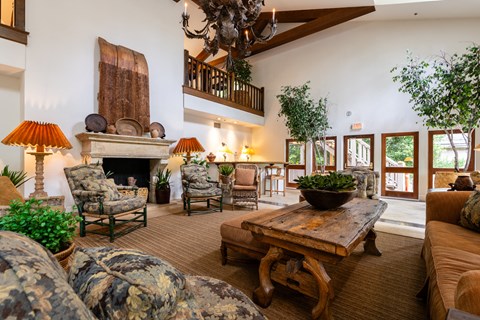 a living room with couches and chairs and a fireplace
